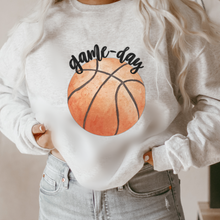 Load image into Gallery viewer, Game Day Basketball Crewneck Sweatshirt Cute Warm and Cozy Gildan® Pullover Watercolor Basketball Fall or Winter Sweatshirt
