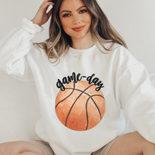 Load image into Gallery viewer, Game Day Basketball Crewneck Sweatshirt Cute Warm and Cozy Gildan® Pullover Watercolor Basketball Fall or Winter Sweatshirt
