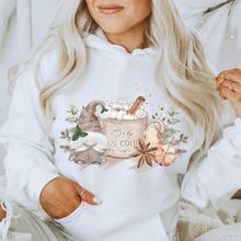 Load image into Gallery viewer, Baby It&#39;s Cold Outside Women&#39;s Christmas Hooded Sweatshirt Cute Gnome with Hot Coca White Hoodie Watercolor Hand Drawn Design
