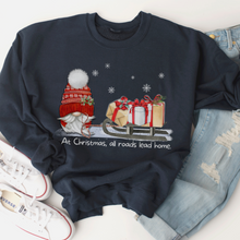 Load image into Gallery viewer, Christmas Gnome Crewneck Sweatshirt Women&#39;s Cozy Gildan® Winter Pullover At Christmas All Roads Lead Home Hand Drawn Gnome Lover Gift
