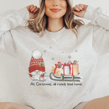 Load image into Gallery viewer, Christmas Gnome Crewneck Sweatshirt Women&#39;s Cozy Gildan® Winter Pullover At Christmas All Roads Lead Home Hand Drawn Gnome Lover Gift
