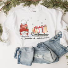 Load image into Gallery viewer, Christmas Gnome Crewneck Sweatshirt Women&#39;s Cozy Gildan® Winter Pullover At Christmas All Roads Lead Home Hand Drawn Gnome Lover Gift
