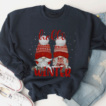 Load image into Gallery viewer, Women&#39;s Christmas Unisex-Size Crewneck Sweatshirt Hello Winter Watercolor Gnomes in Ash, Sand, White or Navy

