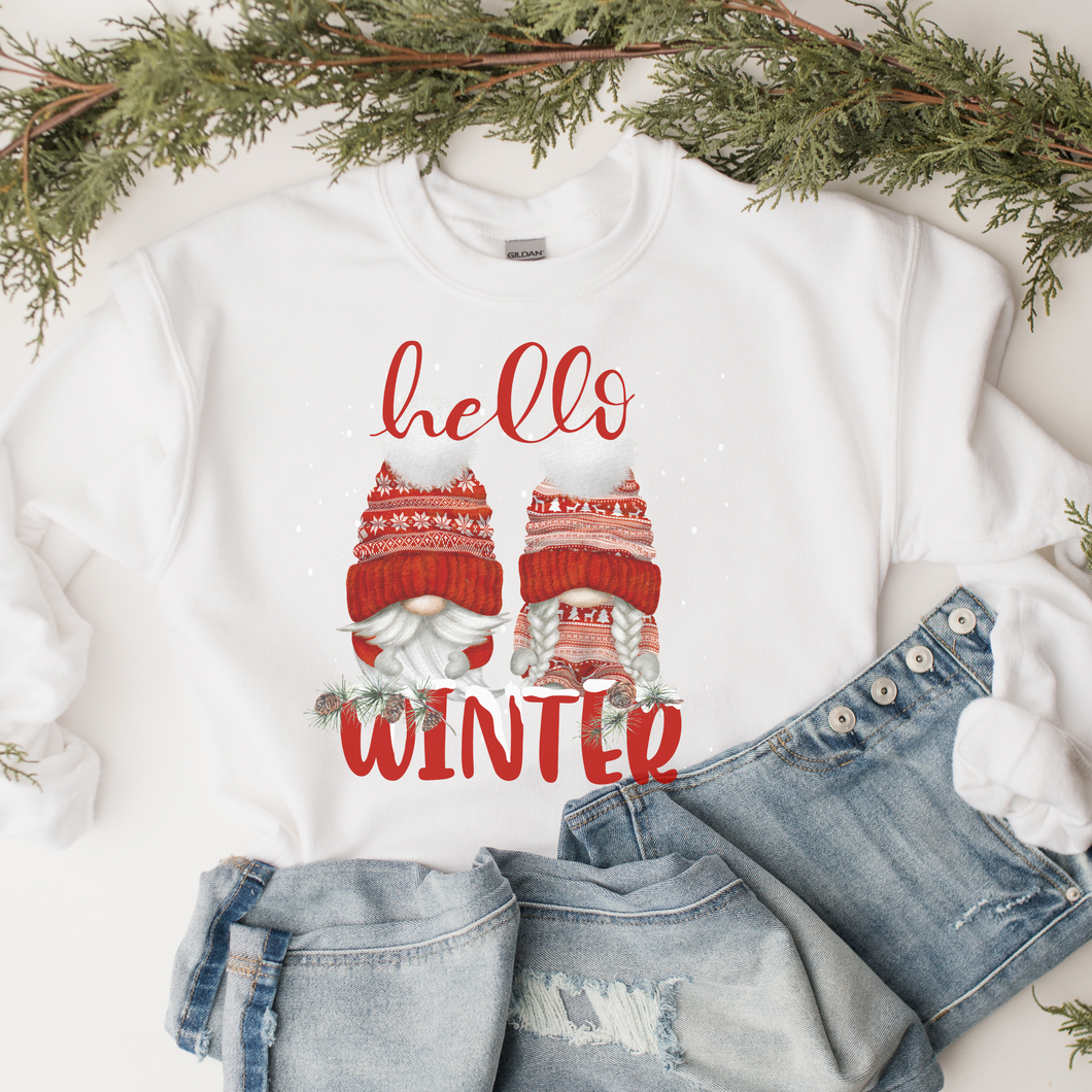 Women's Christmas Unisex-Size Crewneck Sweatshirt Hello Winter Watercolor Gnomes in Ash, Sand, White or Navy