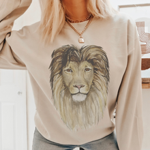 Load image into Gallery viewer, Watercolor Lion Women&#39;s Crewneck Sweatshirt Beautiful Hand-Drawn Lion on a Comfy, Cozy White, Ash, or Sand Pullover
