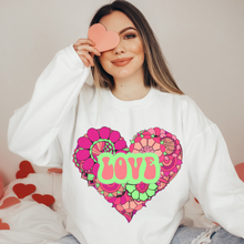 Load image into Gallery viewer, Retro Valentine&#39;s Day Pink and Green Heart Love Unisex-Size Winter Crewneck or T-Shirt Valentine&#39;s Hippie White Crewneck Sweatshirt
