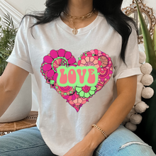 Load image into Gallery viewer, Retro Valentine&#39;s Day Pink and Green Heart Love Unisex-Size Winter Crewneck or T-Shirt Valentine&#39;s Hippie White Crewneck Sweatshirt
