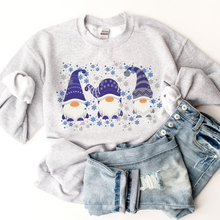 Load image into Gallery viewer, Christmas Crewneck Sweatshirt Women&#39;s pullover Three Cute Blue Gnomes in White, Navy or Ash Gift for Her
