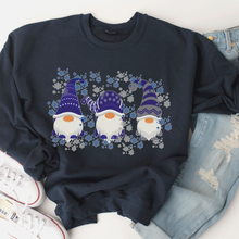 Load image into Gallery viewer, Christmas Crewneck Sweatshirt Women&#39;s pullover Three Cute Blue Gnomes in White, Navy or Ash Gift for Her
