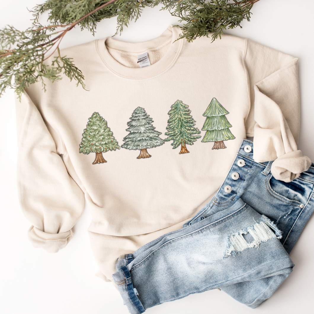 Women's Christmas Trees Crewneck Sweatshirt, Cozy Gildan® Pullover Ash Sand and White Hand-Drawn Minimalist Christmas Trees