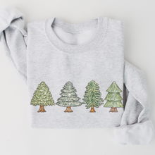 Load image into Gallery viewer, Women&#39;s Christmas Trees Crewneck Sweatshirt, Cozy Gildan® Pullover Ash Sand and White Hand-Drawn Minimalist Christmas Trees
