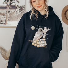 Load image into Gallery viewer, Peace Winter White Owl Women&#39;s Black Unisex Hooded or Crewneck Sweatshirt White Owl and Birch Tree on a Cozy, Warm Winter Pullover
