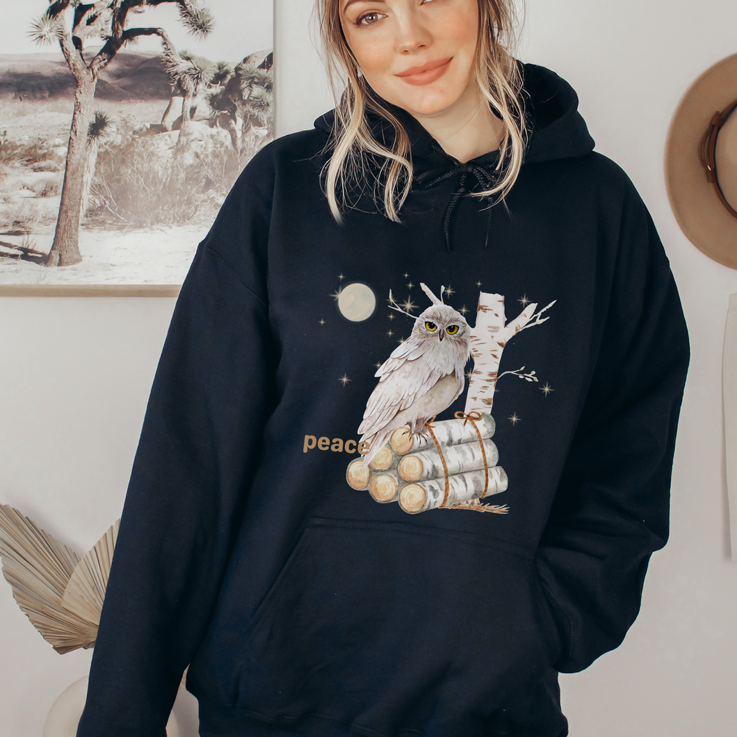 Peace Winter White Owl Women's Black Unisex Hooded or Crewneck Sweatshirt White Owl and Birch Tree on a Cozy, Warm Winter Pullover