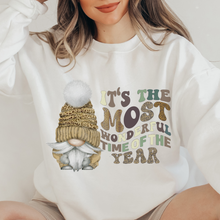 Load image into Gallery viewer, Christmas Crewneck Sweatshirt Retro Pullover Ash, Sand, or White Cozy Soft Gildan Sweatshirt Cute Gnome in Sweater Cap
