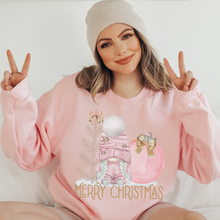 Load image into Gallery viewer, Merry Christmas Crewneck Sweatshirt Women&#39;s Pastel Pink Watercolor Gnome White or Ash Grey Cozy Gildan Christmas Pullover
