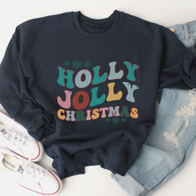 Load image into Gallery viewer, Holly Jolly Christmas Crewneck Sweatshirt Women&#39;s Pastel Retro Design Cute White or Ash Grey Cozy Gildan Christmas Pullover
