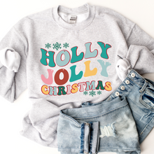 Load image into Gallery viewer, Holly Jolly Christmas Crewneck Sweatshirt Women&#39;s Pastel Retro Design Cute White or Ash Grey Cozy Gildan Christmas Pullover
