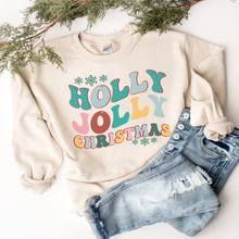 Load image into Gallery viewer, Holly Jolly Christmas Crewneck Sweatshirt Women&#39;s Pastel Retro Design Cute White or Ash Grey Cozy Gildan Christmas Pullover
