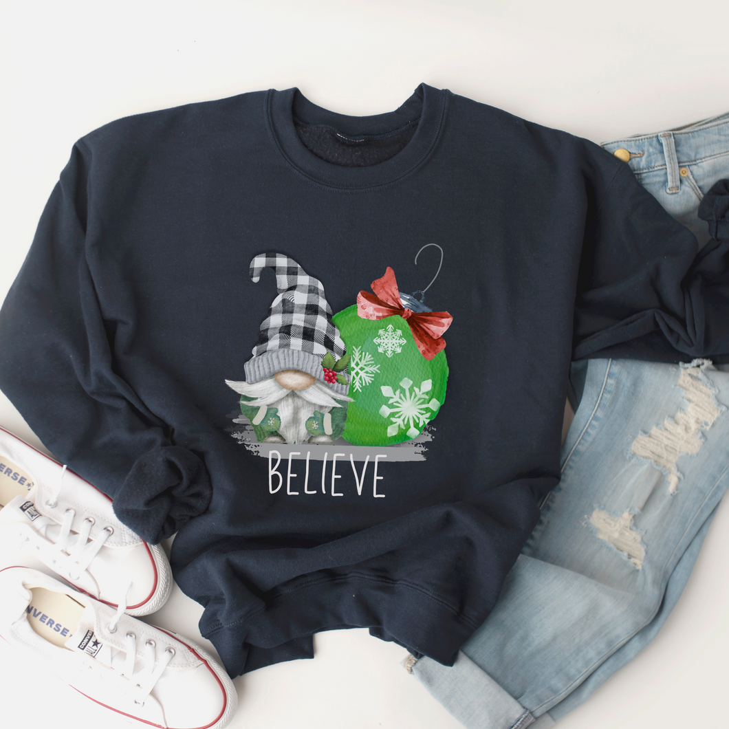 Christmas Gnome Crewneck Sweatshirt Cozy Soft Gildan Believe Sweatshirt Cute Green Gnome and Christmas Ornament Christmas Gift