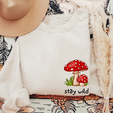 Load image into Gallery viewer, Women&#39;s Stay Wild Sweatshirt Retro Mushroom on a Soft, Cozy Pullover Unisex Size in White, Sand, or Ash Winter Adventure Crewneck
