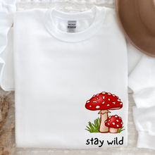 Load image into Gallery viewer, Women&#39;s Stay Wild Sweatshirt Retro Mushroom on a Soft, Cozy Pullover Unisex Size in White, Sand, or Ash Winter Adventure Crewneck
