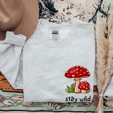 Load image into Gallery viewer, Women&#39;s Stay Wild Sweatshirt Retro Mushroom on a Soft, Cozy Pullover Unisex Size in White, Sand, or Ash Winter Adventure Crewneck
