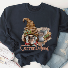 Load image into Gallery viewer, Christmas Women&#39;s Unisex-Size Crewneck Sweatshirt Current Mood Coffee Cute Hand Drawn Watercolor Gnome in Ash, Sand, White or Navy
