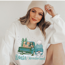 Load image into Gallery viewer, Women's Christmas Unisex-Size Crewneck Sweatshirt Winter Wonderland Turquoise Watercolor Hand Drawn Gnome in Ash, Sand, or White
