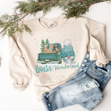 Load image into Gallery viewer, Women's Christmas Unisex-Size Crewneck Sweatshirt Winter Wonderland Turquoise Watercolor Hand Drawn Gnome in Ash, Sand, or White
