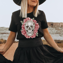 Load image into Gallery viewer, Women's Valentine's Day Gothic Skull and Roses Black or White T-Shirt Goth Dark Heart Design on a Soft Bella Canvas® T-Shirt

