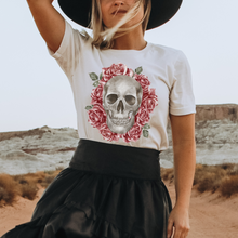 Load image into Gallery viewer, Women's Valentine's Day Gothic Skull and Roses Black or White T-Shirt Goth Dark Heart Design on a Soft Bella Canvas® T-Shirt
