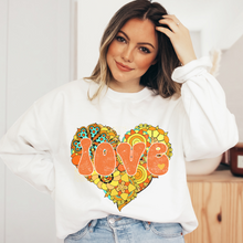 Load image into Gallery viewer, Retro Valentine&#39;s Day Orange and Yellow Heart Love Unisex-Size Winter Crewneck or T-Shirt Valentine&#39;s Hippie White Crewneck Sweatshirt
