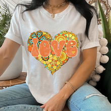 Load image into Gallery viewer, Retro Valentine&#39;s Day Orange and Yellow Heart Love Unisex-Size Winter Crewneck or T-Shirt Valentine&#39;s Hippie White Crewneck Sweatshirt
