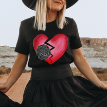 Load image into Gallery viewer, Women's Valentine's Day Gothic Heart and Roses Black or White T-Shirt Goth Dark Heart Design on a Soft Bella Canvas® T-Shirt
