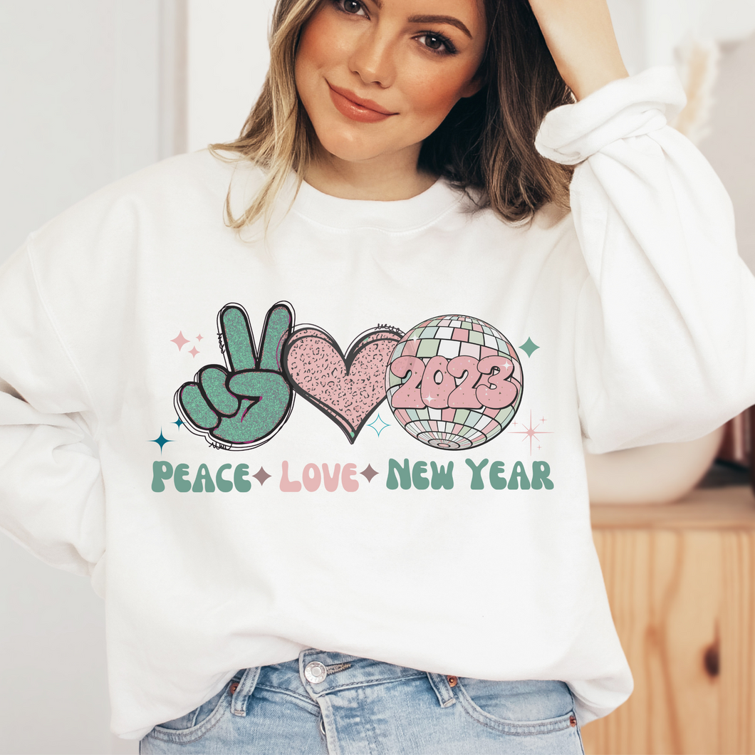 Peace Love New Year Crewneck Sweatshirt Women's Soft, Cozy Crewneck Pullover in Ash or White Vintage Retro Design