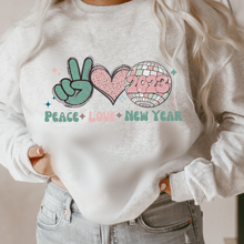 Load image into Gallery viewer, Peace Love New Year Crewneck Sweatshirt Women&#39;s Soft, Cozy Crewneck Pullover in Ash or White Vintage Retro Design
